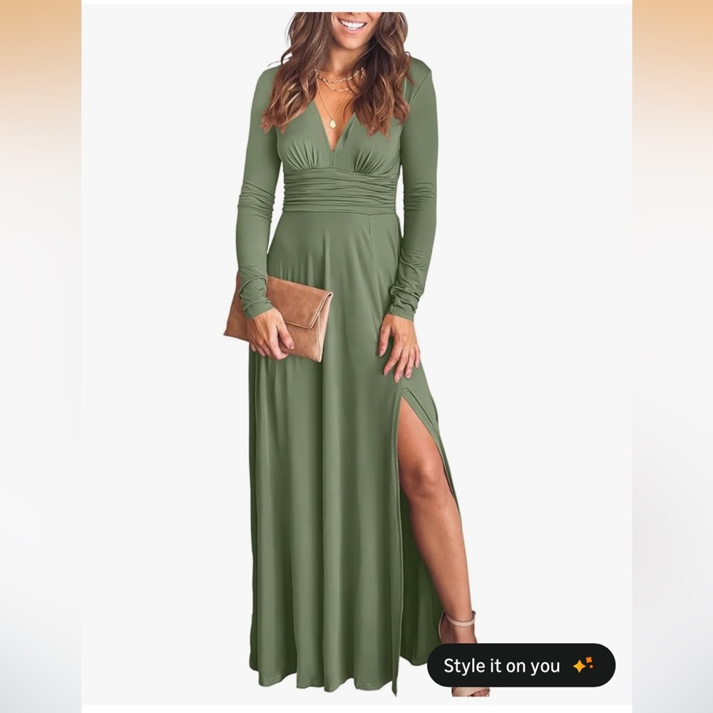 Long Sleeve Olive Green Maxi Dress with Side Slit